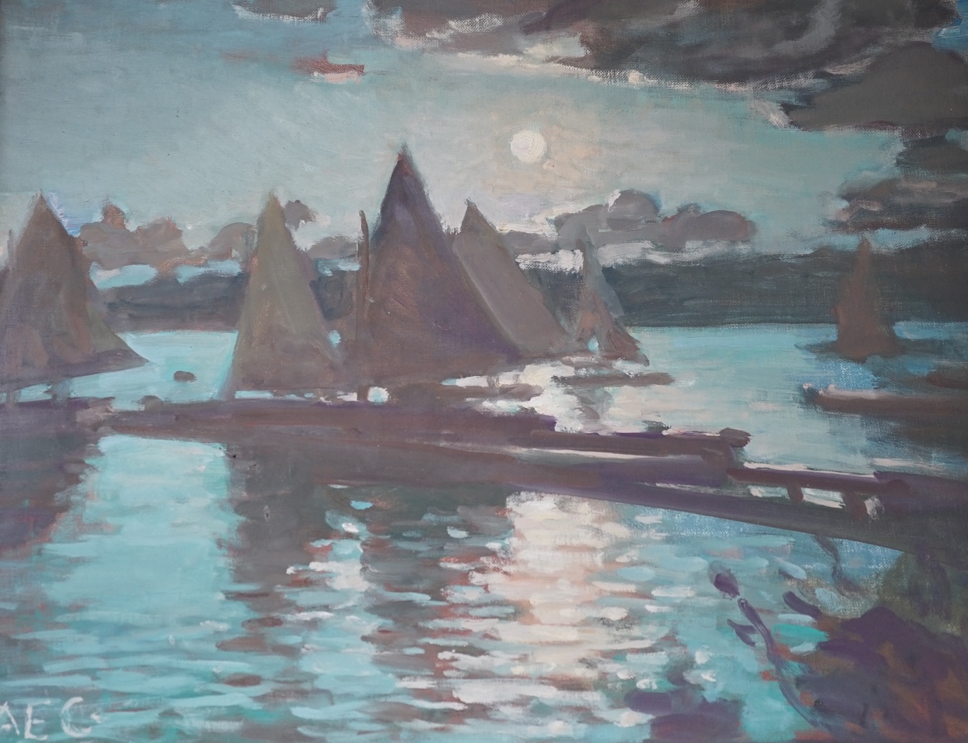 Alfred Egerton Cooper (1883-1974), oil on board, 'Yachts, Grandtully, Perthshire', monogrammed, Artists of Chelsea inscribed label verso, 40 x 50cm. Condition - fair, board warped and loose within frame